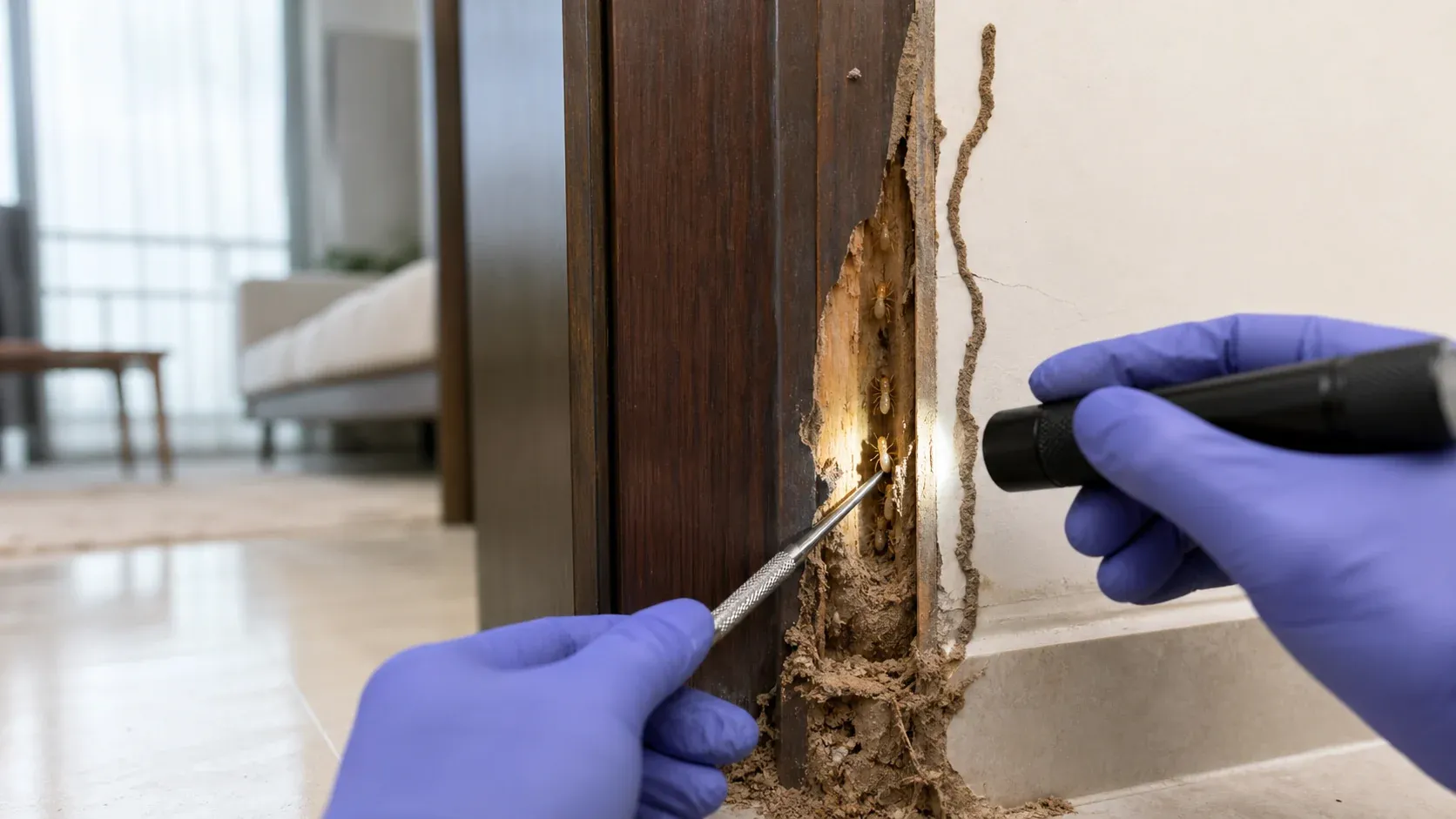 فحص مهني لأضرار النمل الأبيض وممراته الطينية بجوار إطار باب خشبي